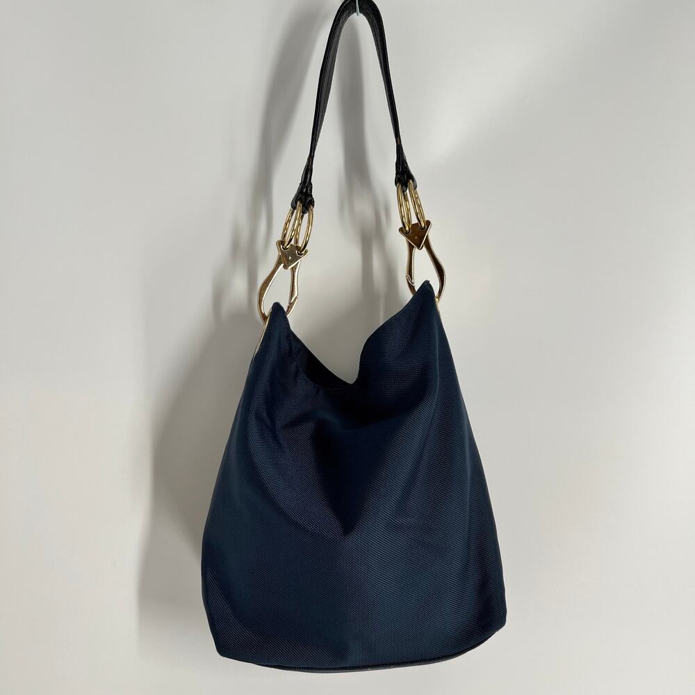 JPK Paris 75 Hobo Bucket Shoulder Bag Navy Blue Canvas Leather Strap Gold Buckle